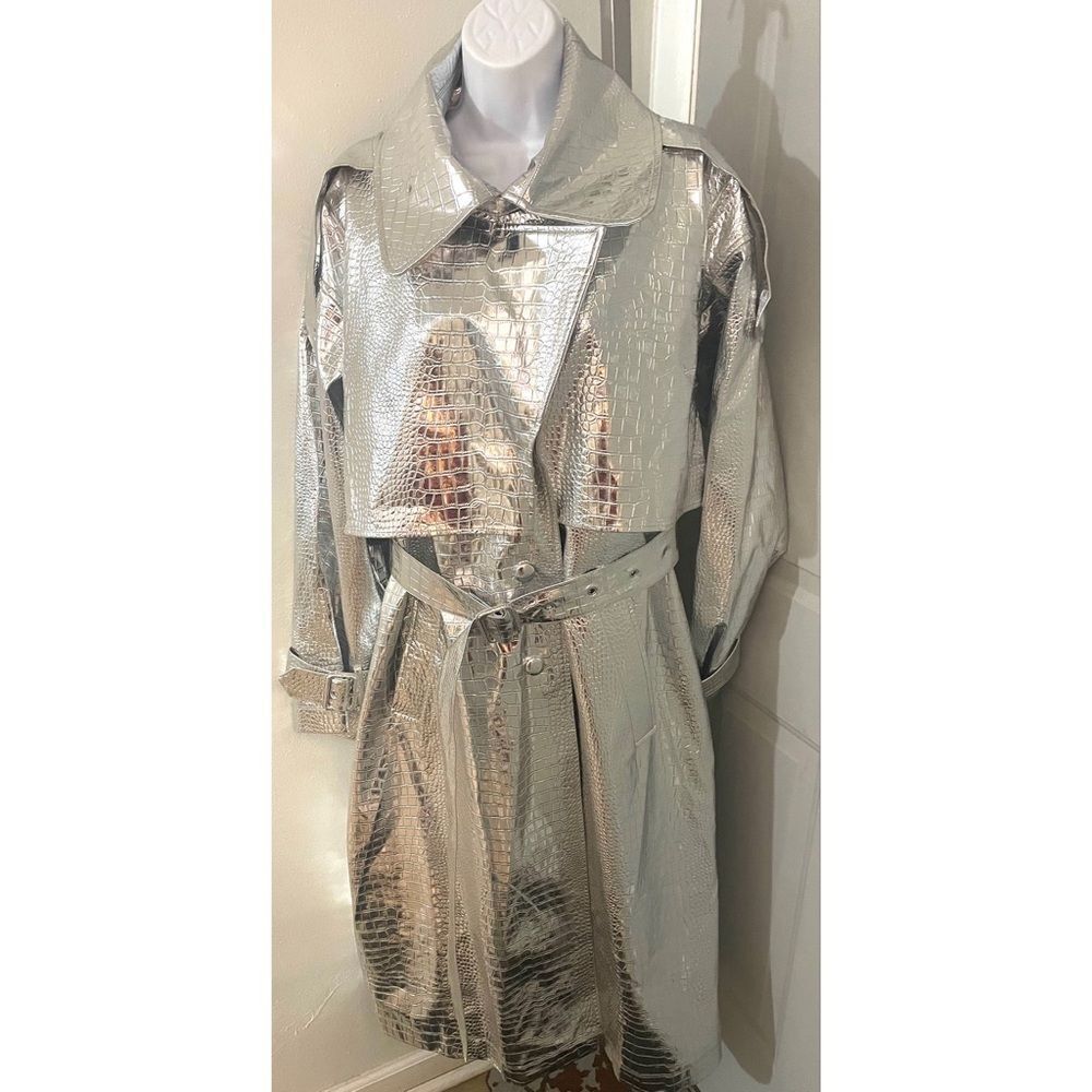 Rotate by Birger Christensen  Silver Faux Croc Trench Coat Women’s Size 6
